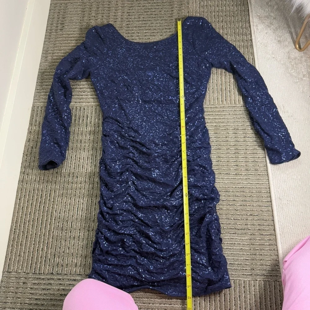Aidan Mattox Navy Sequin Rouched Detail Low Back Long Sleeve Dress - Picture 6 of 7